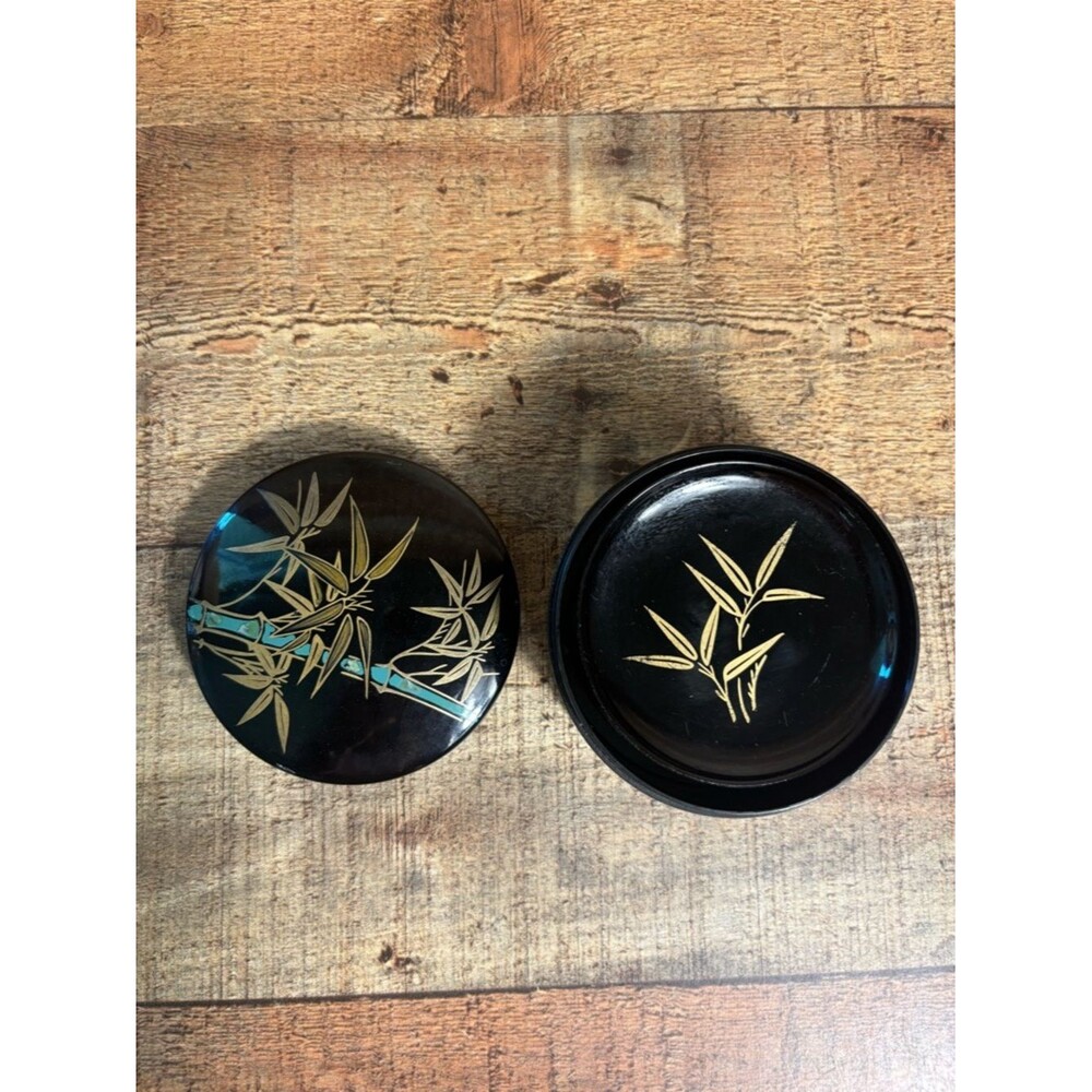 Japanese Lacquered Bamboo (6) Black Coasters Round Box Gold Bamboo Design - Picture 10 of 11